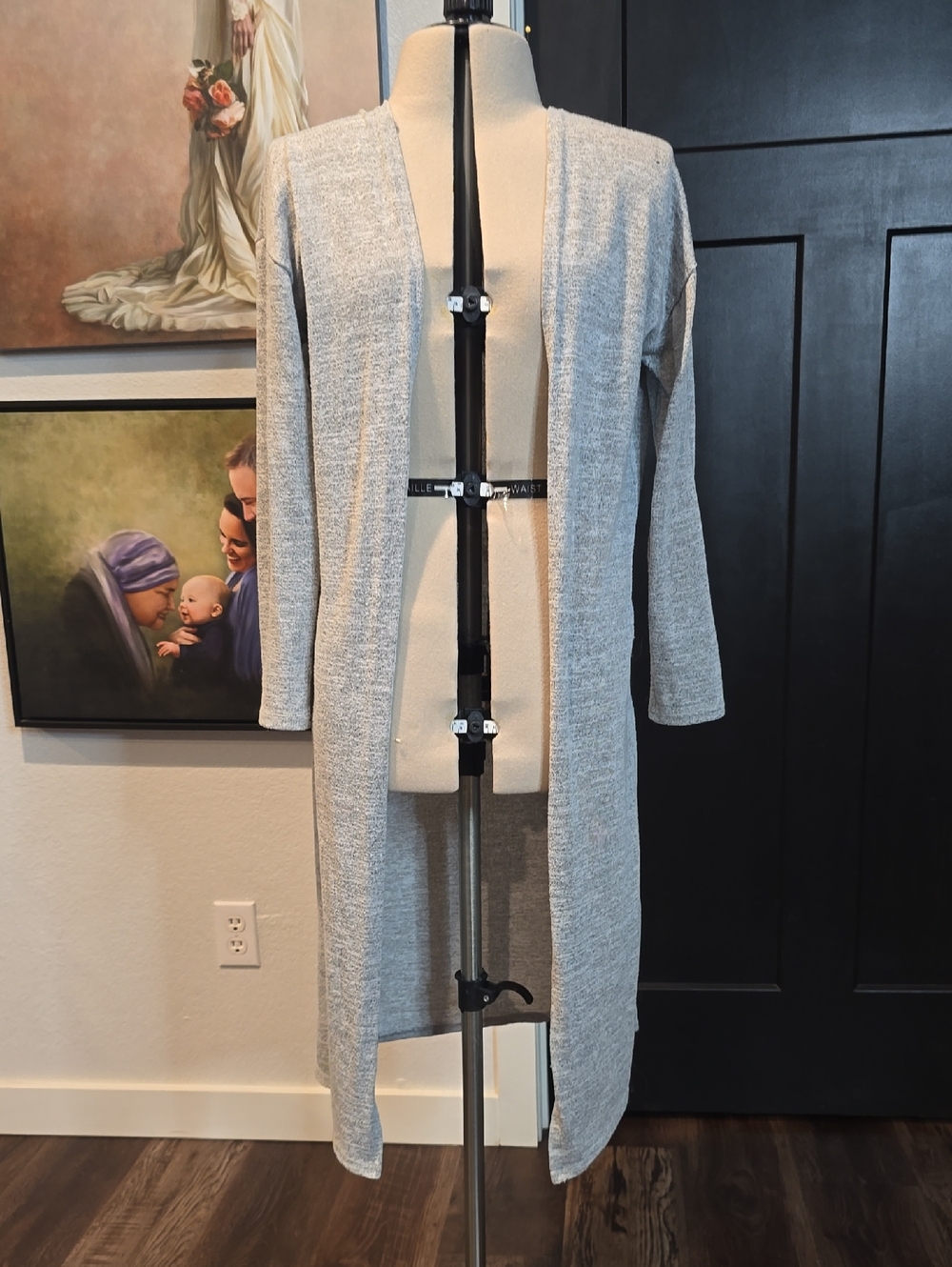 Light Gray Open Front Long Cardigan, 3/4 sleeves
